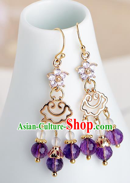 Chinese Handmade Purple Crystal Earrings Classical Ear Accessories Hanfu Qing Dynasty Princess Beads Eardrop