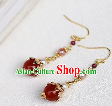 Chinese Handmade Agate Earrings Classical Ear Accessories Hanfu Qing Dynasty Princess Pearl Eardrop