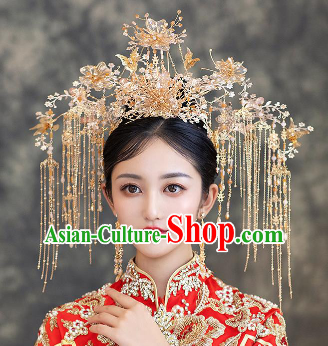 Chinese Classical Wedding Phoenix Coronet Handmade Hair Accessories Ancient Bride Hairpins Hair Crown Complete Set
