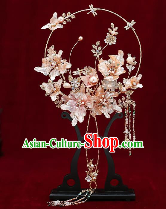 Chinese Handmade Wedding Flowers Palace Fans Classical Fans Ancient Bride Crystal Tassel Round Fans