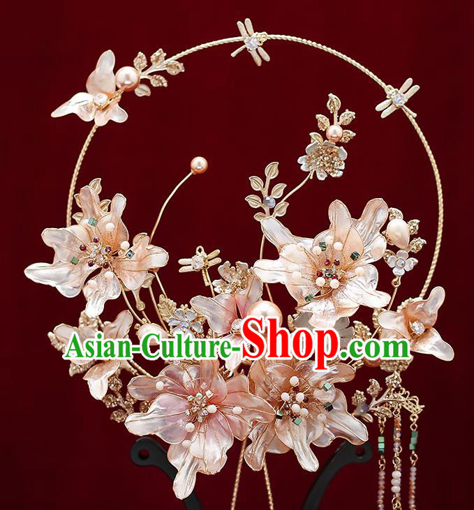 Chinese Handmade Wedding Flowers Palace Fans Classical Fans Ancient Bride Crystal Tassel Round Fans