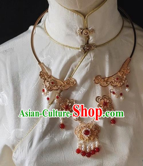 Chinese Handmade Ming Dynasty Necklet Classical Jewelry Accessories Ancient Princess Hanfu Golden Necklace for Women