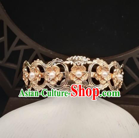 Chinese Classical Pearls Hair Crown Handmade Hanfu Hair Accessories Ancient Tang Dynasty Princess Golden Plum Hairpins