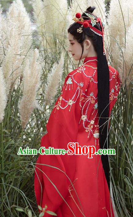 Chinese Ancient Court Lady Hanfu Apparels Traditional Ming Dynasty Palace Princess Historical Costumes Embroidered Red Gown and Skirt Full Set