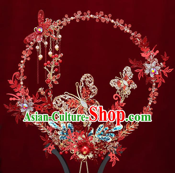 Chinese Handmade Wedding Red Dragonfly Butterfly Palace Fans Classical Fans Ancient Bride Round Fans