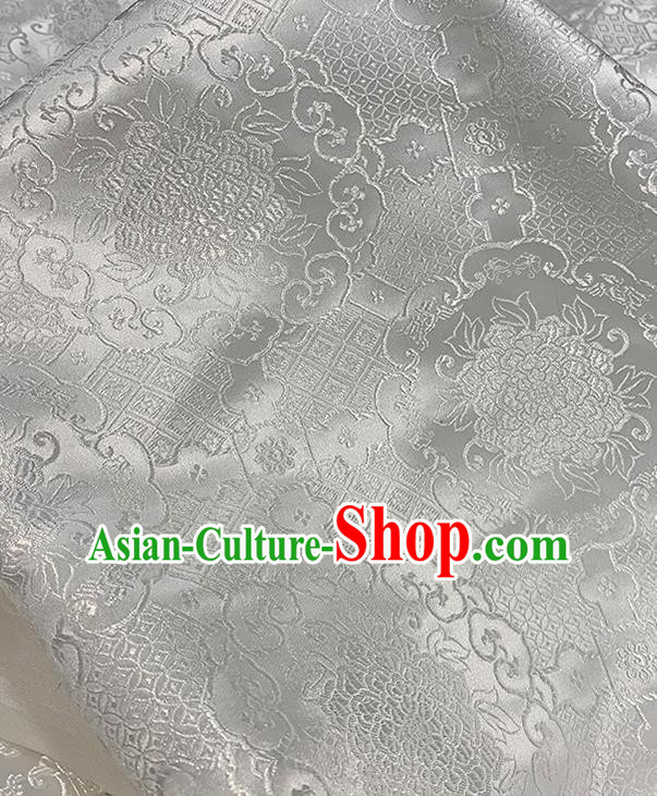Chinese Traditional Peony Pattern White Silk Fabric Brocade Drapery Hanfu Dress Damask Material