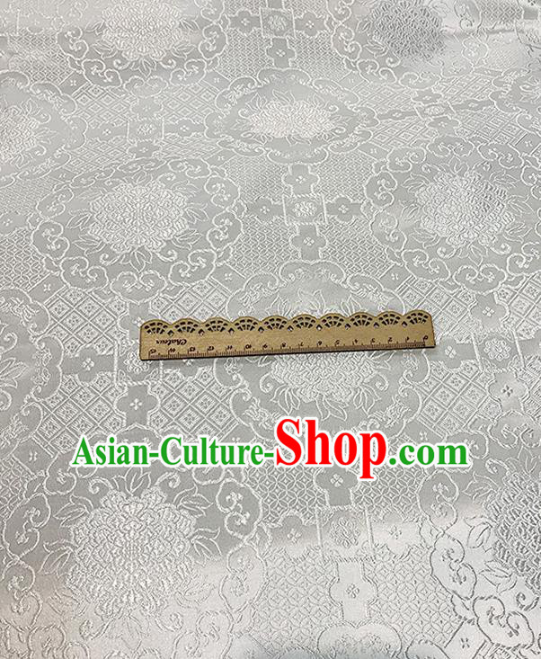 Chinese Traditional Peony Pattern White Silk Fabric Brocade Drapery Hanfu Dress Damask Material