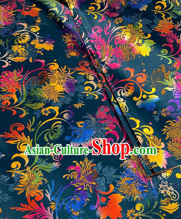 Chinese Traditional Chrysanthemum Pattern Navy Blue Silk Fabric Brocade Drapery Qipao Dress Damask Material