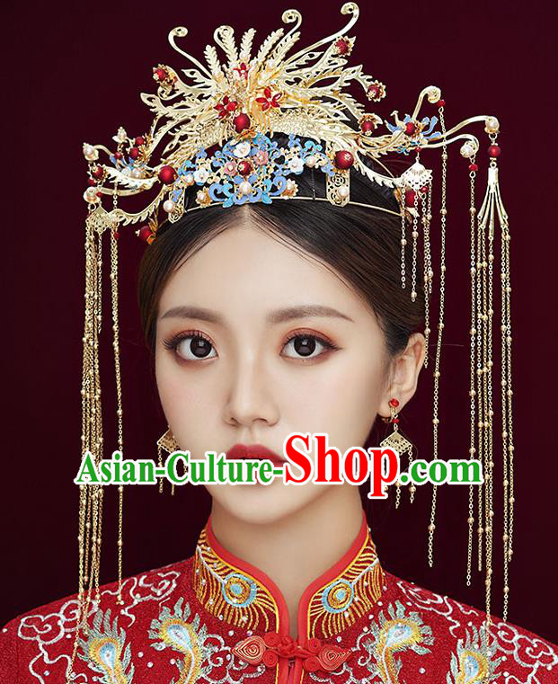Chinese Classical Wedding Hair Crown Handmade Hair Accessories Ancient Bride Hairpins Golden Phoenix Coronet Complete Set