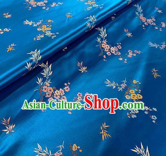 Chinese Traditional Plum Bamboo Pattern Blue Silk Fabric Brocade Drapery Cheongsam Damask Material