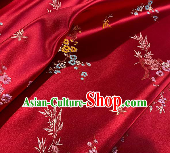 Chinese Traditional Plum Bamboo Pattern Wine Red Silk Fabric Brocade Drapery Cheongsam Damask Material