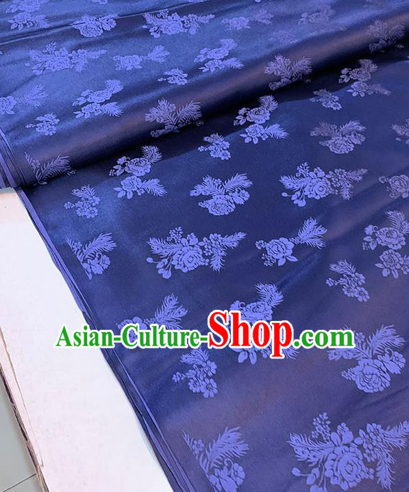 Chinese Traditional Peony Pattern Silk Fabric Tang Suit Damask Material Navy Blue Brocade Drapery