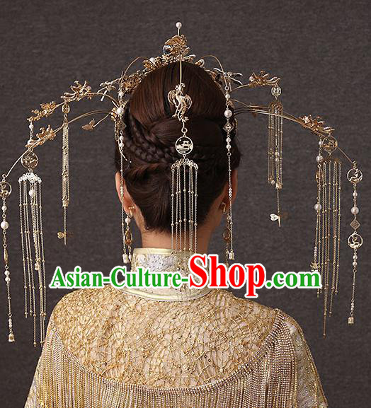 Chinese Handmade Dragonfly Phoenix Coronet Classical Wedding Hair Accessories Ancient Bride Hairpins Hair Crown Complete Set