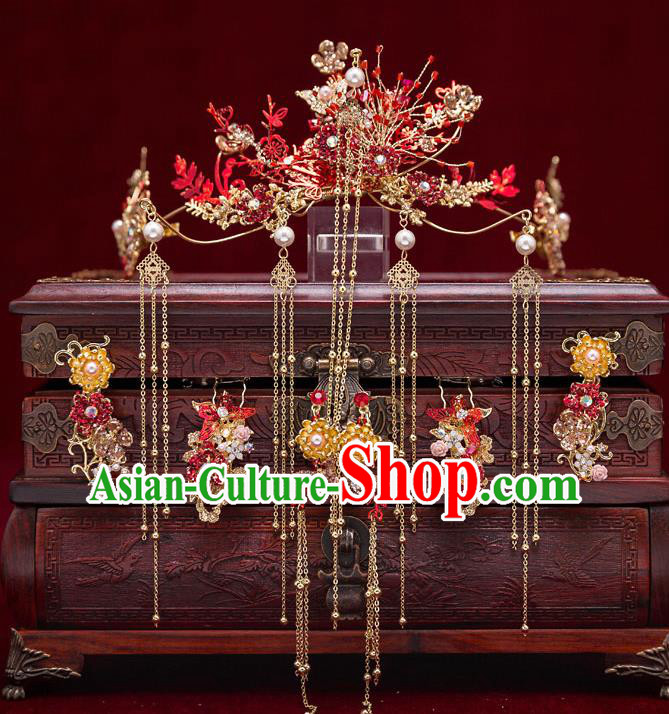 Chinese Handmade Classical Wedding Hair Accessories Ancient Bride Hairpins Golden Tassel Hair Crown Complete Set