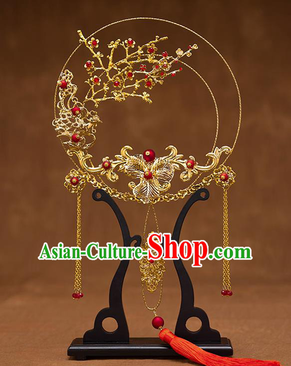 Chinese Handmade Wedding Golden Plum Palace Fans Classical Fans Ancient Bride Round Fans