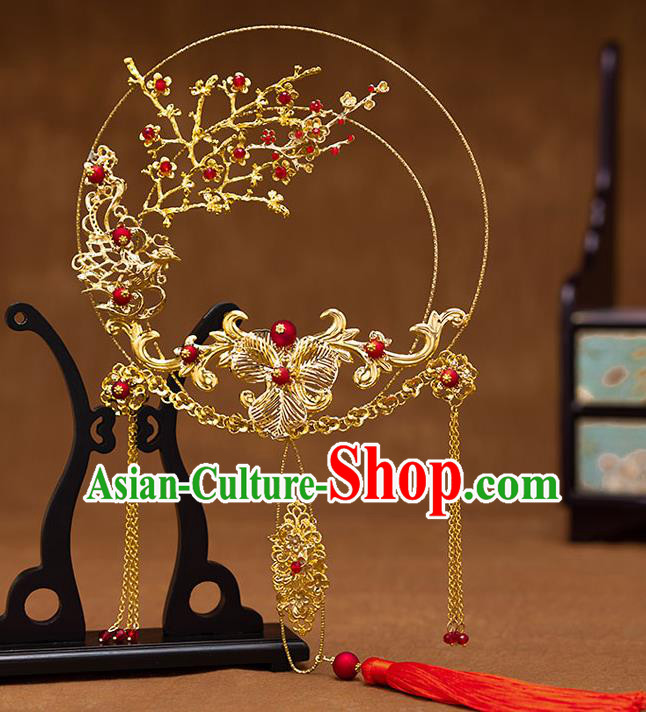 Chinese Handmade Wedding Golden Plum Palace Fans Classical Fans Ancient Bride Round Fans