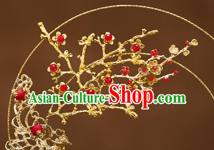 Chinese Handmade Wedding Golden Plum Palace Fans Classical Fans Ancient Bride Round Fans