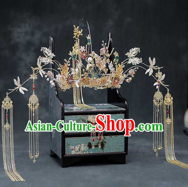Chinese Handmade Golden Phoenix Coronet Classical Wedding Hair Accessories Ancient Bride Hairpins Tassel Hair Crown Complete Set