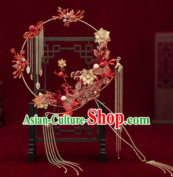Chinese Handmade Palace Fans Classical Fans Ancient Bride Props Red Crystal Phoenix Tassel Fans