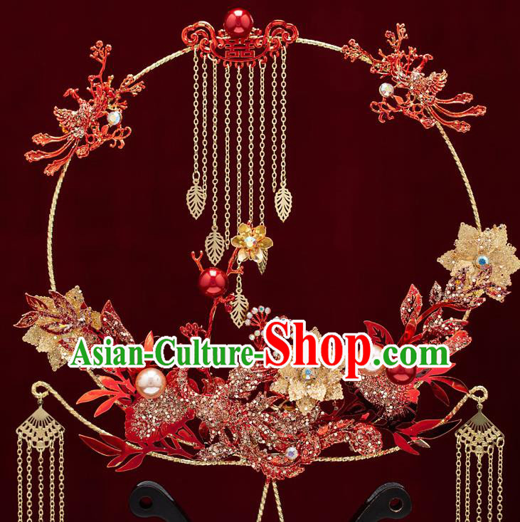 Chinese Handmade Palace Fans Classical Fans Ancient Bride Props Red Crystal Phoenix Tassel Fans