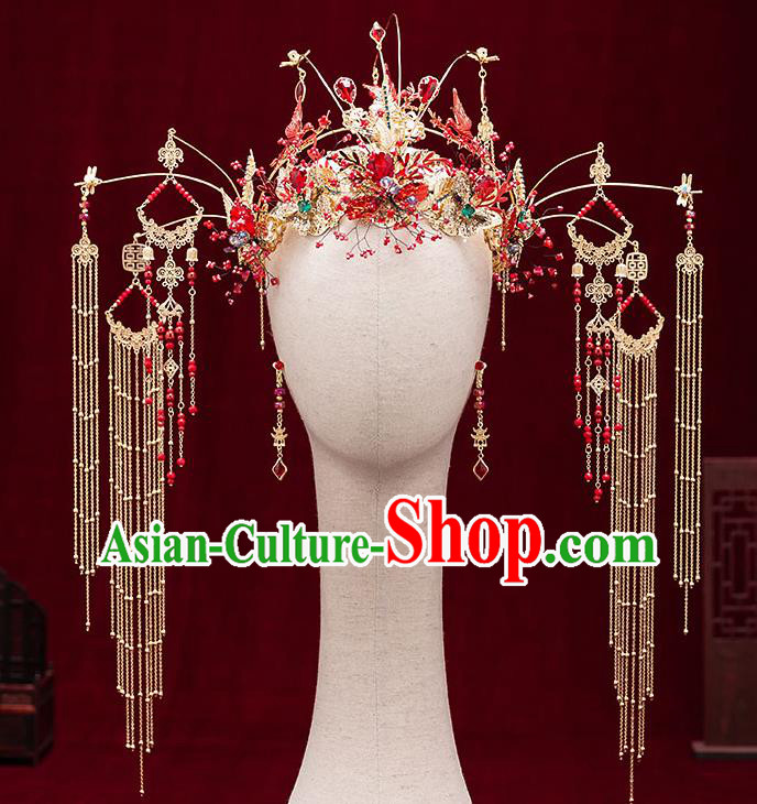 Chinese Handmade Phoenix Coronet Classical Wedding Hair Accessories Ancient Bride Hairpins Golden Hair Crown Complete Set