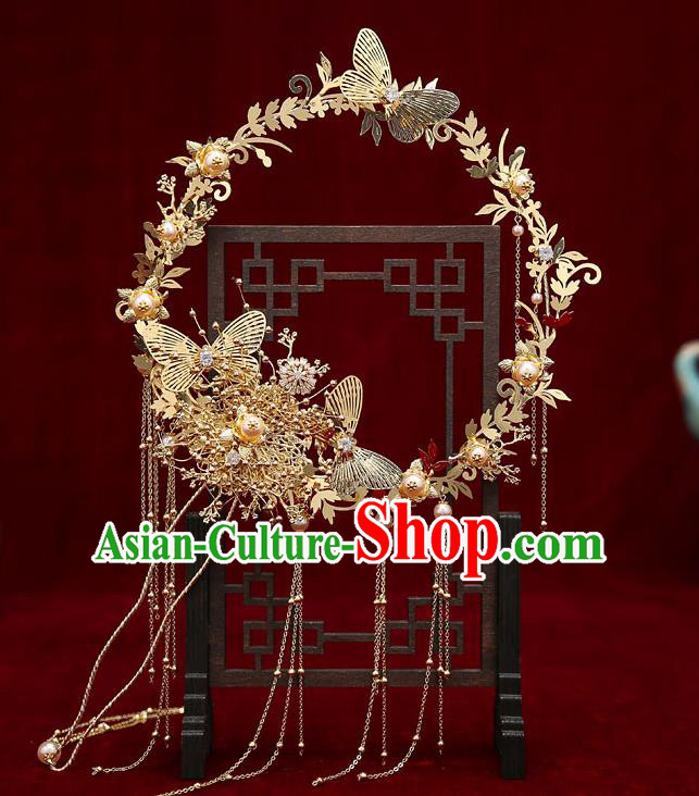 Chinese Handmade Golden Palace Fans Classical Fans Ancient Bride Props Butterfly Fans