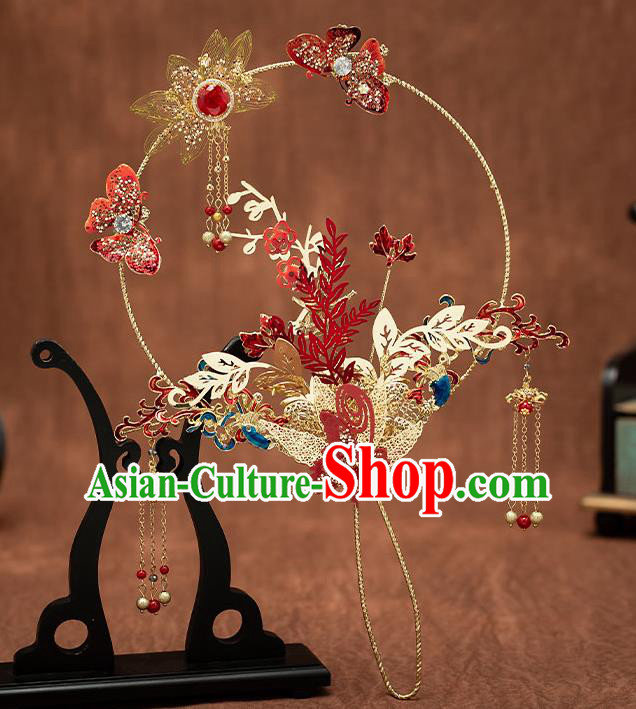 Chinese Handmade Golden Lotus Palace Fans Classical Fans Ancient Bride Props Red Butterfly Fans