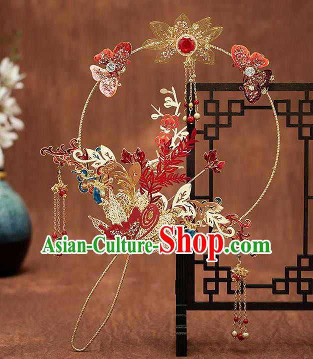 Chinese Handmade Golden Lotus Palace Fans Classical Fans Ancient Bride Props Red Butterfly Fans