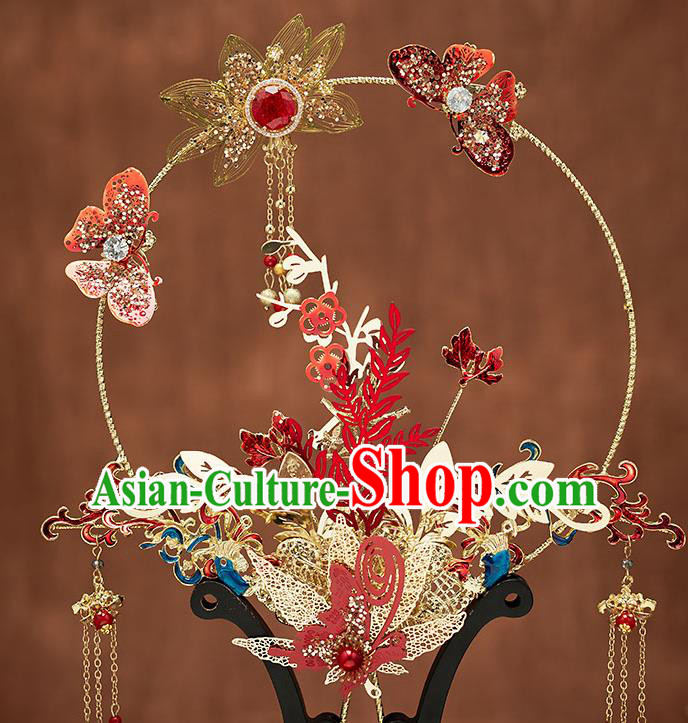 Chinese Handmade Golden Lotus Palace Fans Classical Fans Ancient Bride Props Red Butterfly Fans