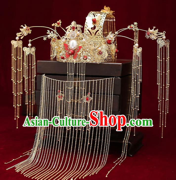 Chinese Handmade Tassel Hair Crown Classical Wedding Hair Accessories Ancient Bride Phoenix Coronet Hairpins Complete Set
