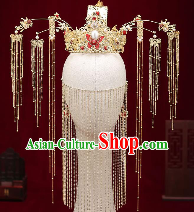 Chinese Handmade Tassel Hair Crown Classical Wedding Hair Accessories Ancient Bride Phoenix Coronet Hairpins Complete Set