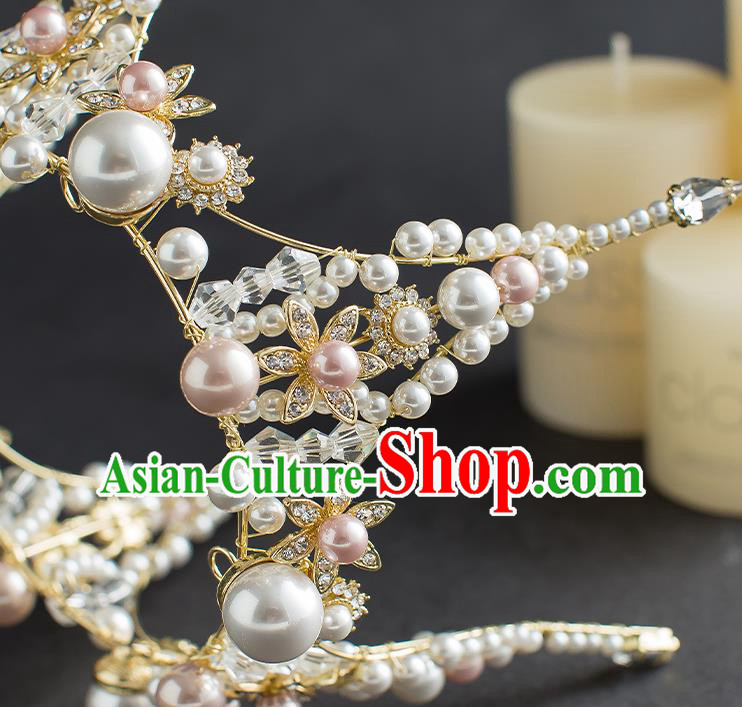 Handmade Baroque Pearls Round Royal Crown Wedding Hair Accessories Classical European Bride Headwear Hair Clasp
