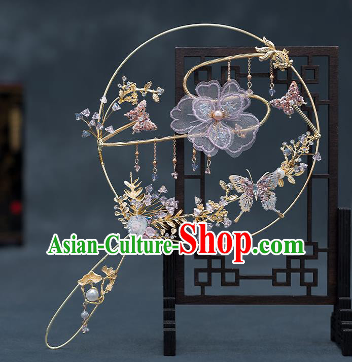Chinese Handmade Lilac Silk Flowers Palace Fans Classical Fans Ancient Bride Props Round Fans