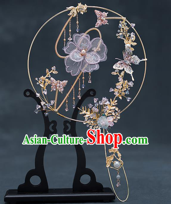 Chinese Handmade Lilac Silk Flowers Palace Fans Classical Fans Ancient Bride Props Round Fans
