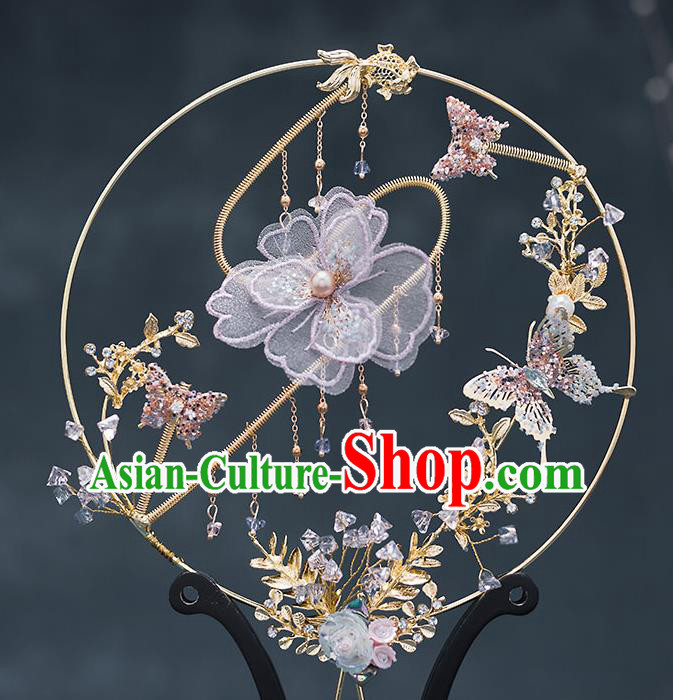 Chinese Handmade Lilac Silk Flowers Palace Fans Classical Fans Ancient Bride Props Round Fans