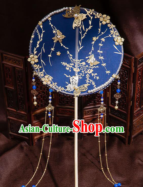Chinese Handmade Royalblue Silk Palace Fans Classical Fans Ancient Bride Props Tassel Round Fans