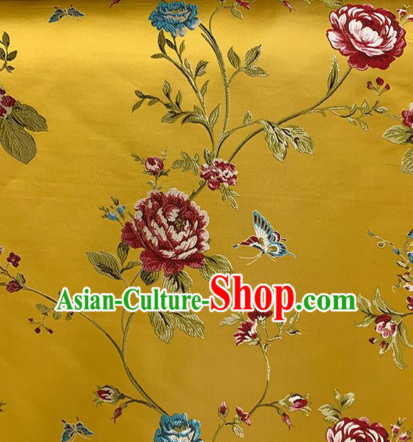 Chinese Traditional Butterfly Peony Pattern Yellow Silk Fabric Brocade Drapery Hanfu Dress Damask Material