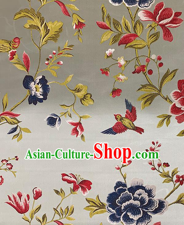 Chinese Traditional Peony Birds Pattern Beige Silk Fabric Brocade Drapery Hanfu Dress Damask Material