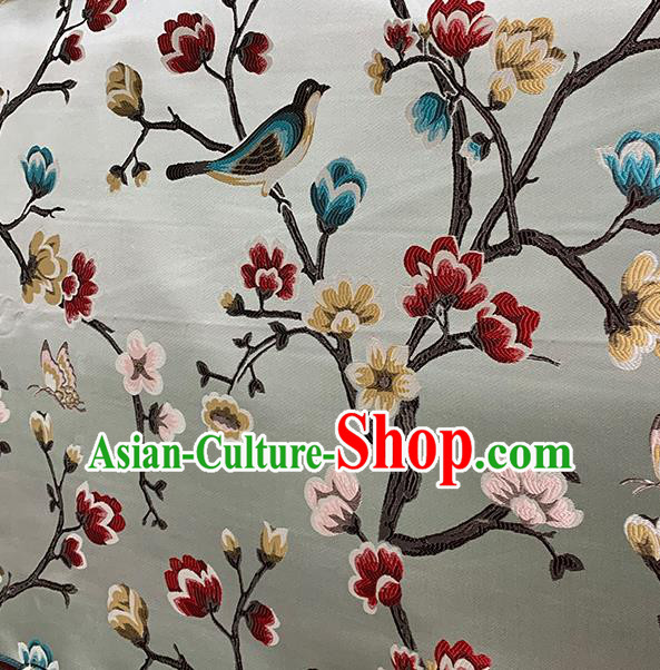 Chinese Traditional Magpie Plum Pattern Grey Silk Fabric Brocade Drapery Hanfu Dress Damask Material