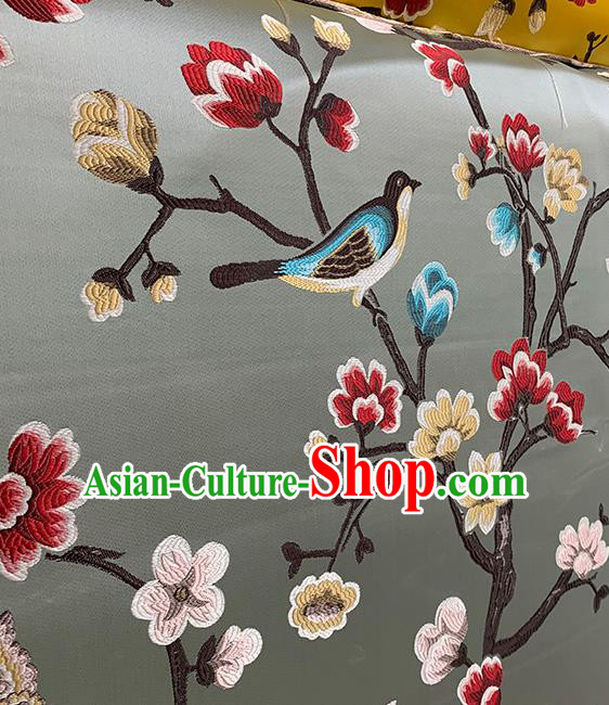 Chinese Traditional Magpie Plum Pattern Grey Silk Fabric Brocade Drapery Hanfu Dress Damask Material