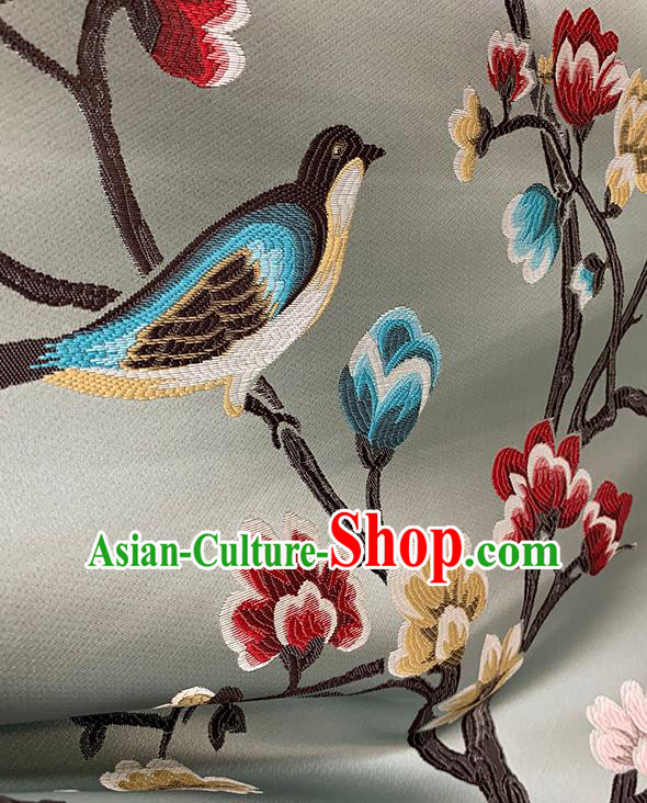 Chinese Traditional Magpie Plum Pattern Grey Silk Fabric Brocade Drapery Hanfu Dress Damask Material