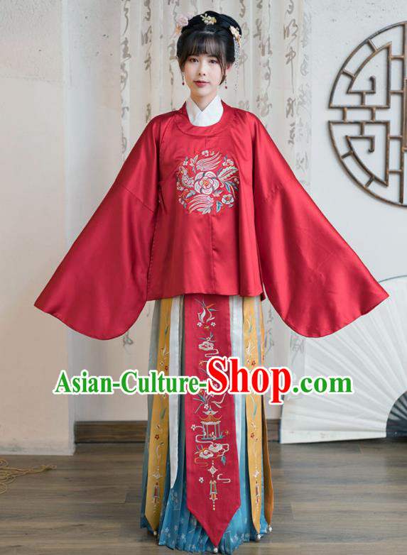 Chinese Traditional Ancient Ming Dynasty Court Female Hanfu Apparels Embroidered Red Blouse and Skirt Historical Costumes