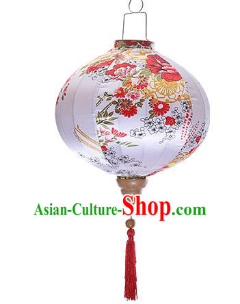 Chinese Handmade Printing Chrysanthemum Sakura White Satin Palace Lanterns Traditional New Year Lantern Classical Mid Autumn Festival Lamp