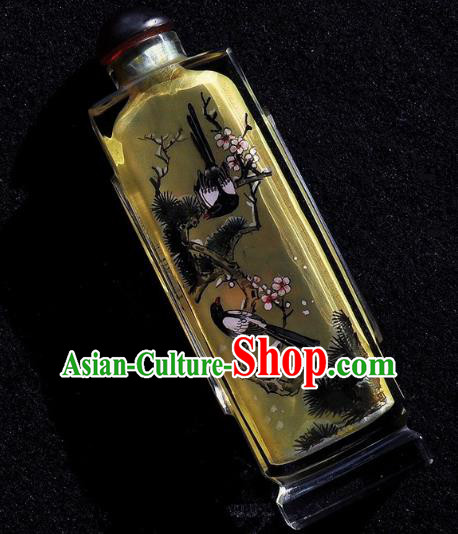 Chinese Handmade Yellow Snuff Bottle Traditional Inside Painting Plum Blossom Birds Snuff Bottles Artware