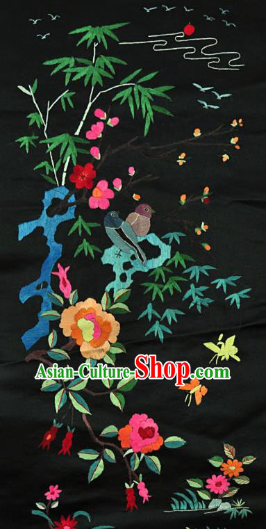 Traditional Chinese Embroidered Plum Peony Birds Decorative Painting Hand Embroidery Black Silk Picture Craft