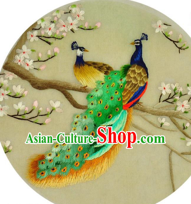 Traditional Chinese Embroidered Peacock Magnolia Decorative Painting Hand Embroidery Silk Round Wall Picture Craft