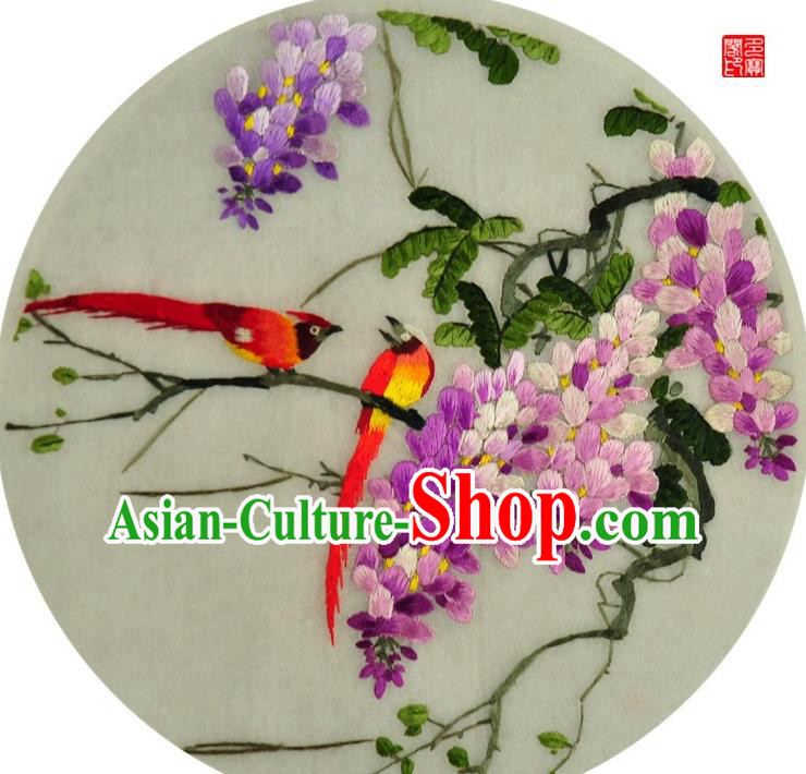 Traditional Chinese Embroidered Wisteria Decorative Painting Hand Embroidery Birds Silk Round Wall Picture Craft
