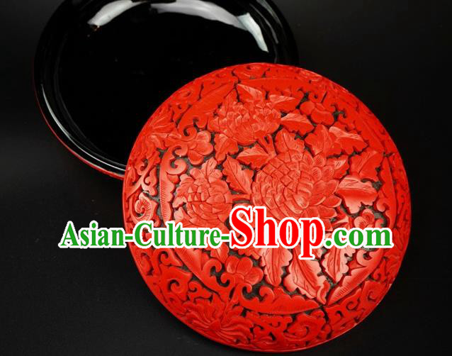 Traditional Chinese Carving Peony Flowers Lacquerware Hand Red Rouge Box Craft