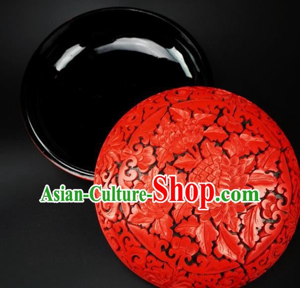 Traditional Chinese Carving Peony Flowers Lacquerware Hand Red Rouge Box Craft