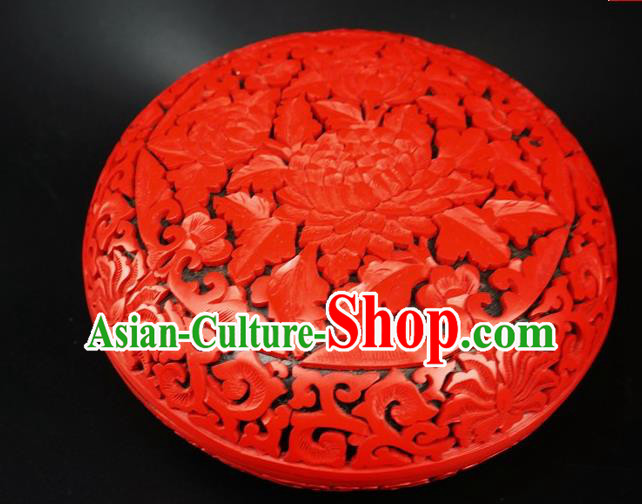 Traditional Chinese Carving Peony Flowers Lacquerware Hand Red Rouge Box Craft